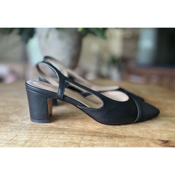 Elegant Black Leather Slingback Block Heel Pumps Square Toe Size 8.5 Classic - Picture 3 of 9